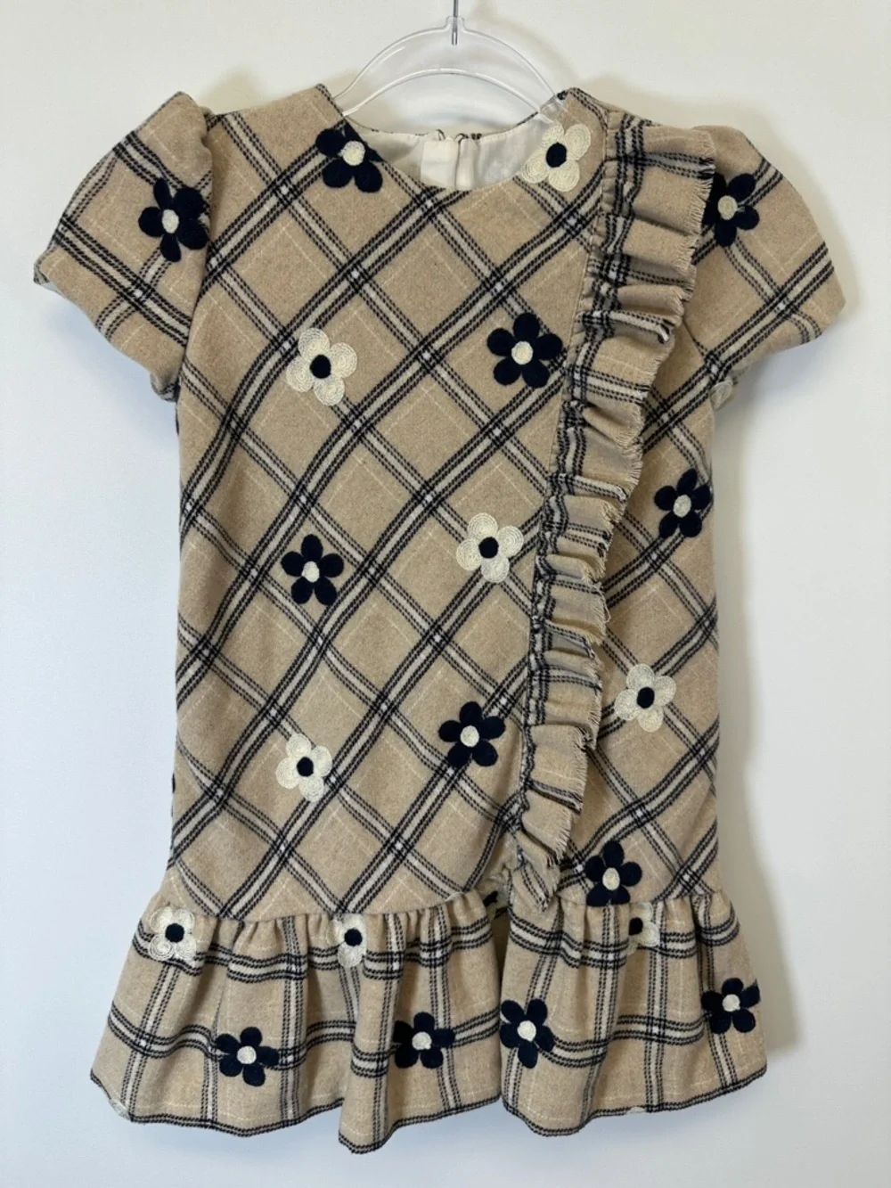 Mayoral Girls Plaid Embroidered Flower Wool Blend Dress Drop Waist Ruffle 7